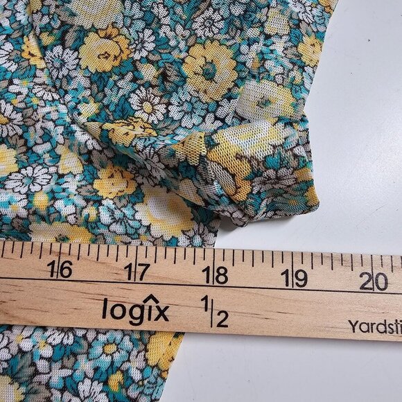 Vintage Y2K Elementz Floral V-Neck Short Sleeve‎ Top Yellow & Blue Polyester M - Picture 8 of 9